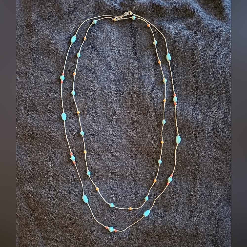 Vintage Silver 30" & 34" Necklace Set with Bright Turquoise & Coral Beads.